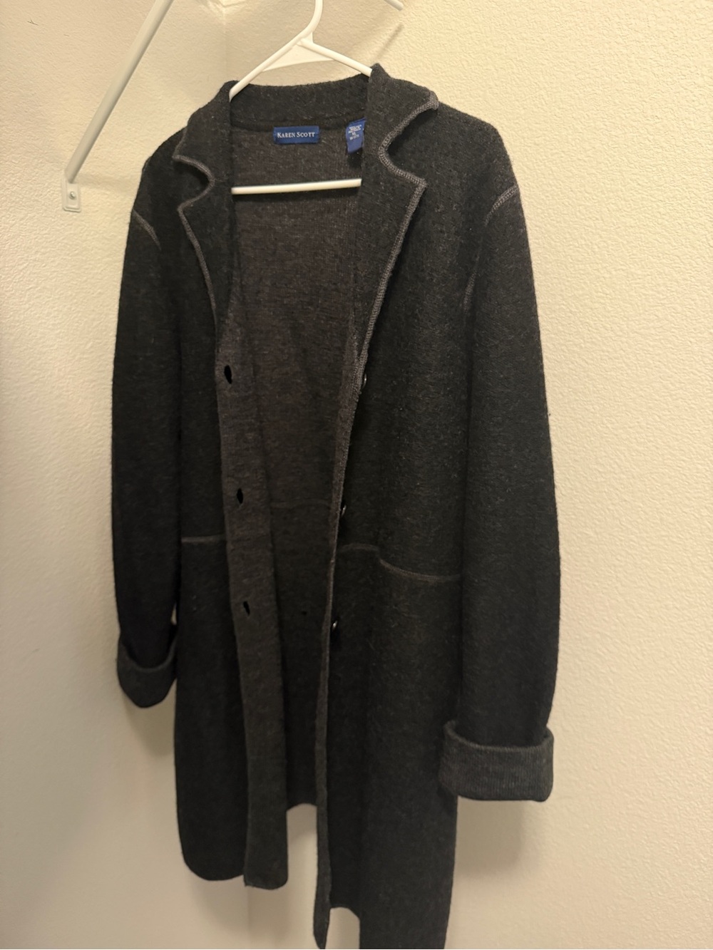 Karen Scott 100% Wool Dark Gray Button-Front Blend Pea Coat